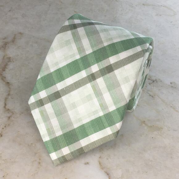 PRONTO UOMO GREEN CREAM PLAID SILK LINEN BLEND NECKTIE ( XL) - Picture 11 of 12